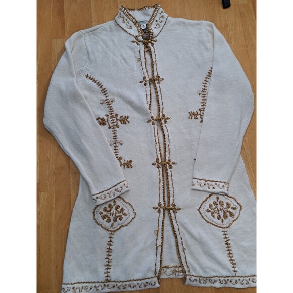 Coldwater Creek S Women's Long Cardigan Ivory Gold w/ Embroidery Toggle Buttons - Picture 7 of 16